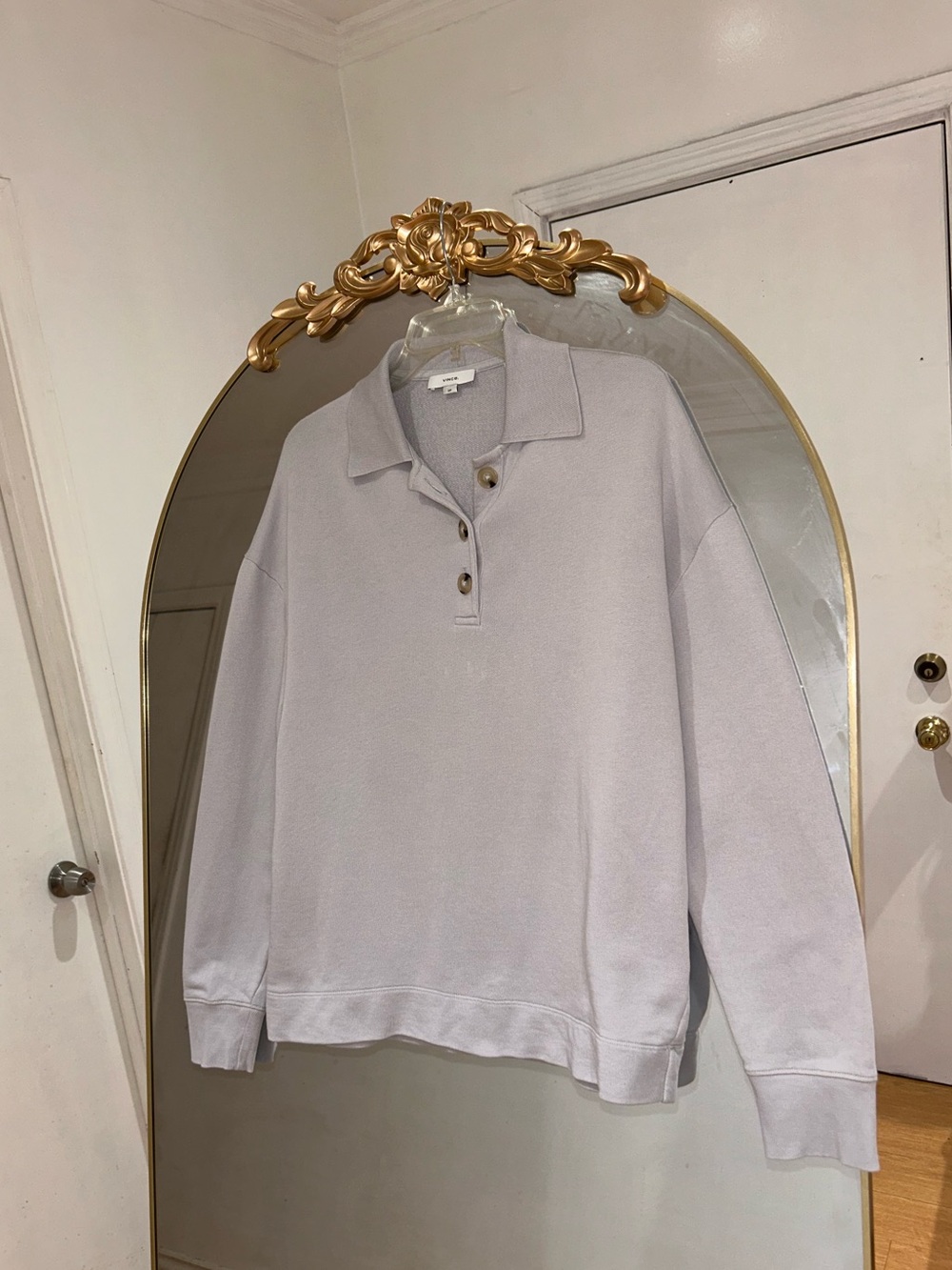 Vince Men's Light Gray Long-sleeve Polo Collar Pullover Cotton Sweater, Size S